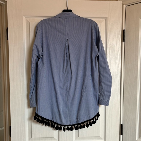ZARA Blue and White Striped Button Down with Black Tassels on Hem - Picture 8 of 11